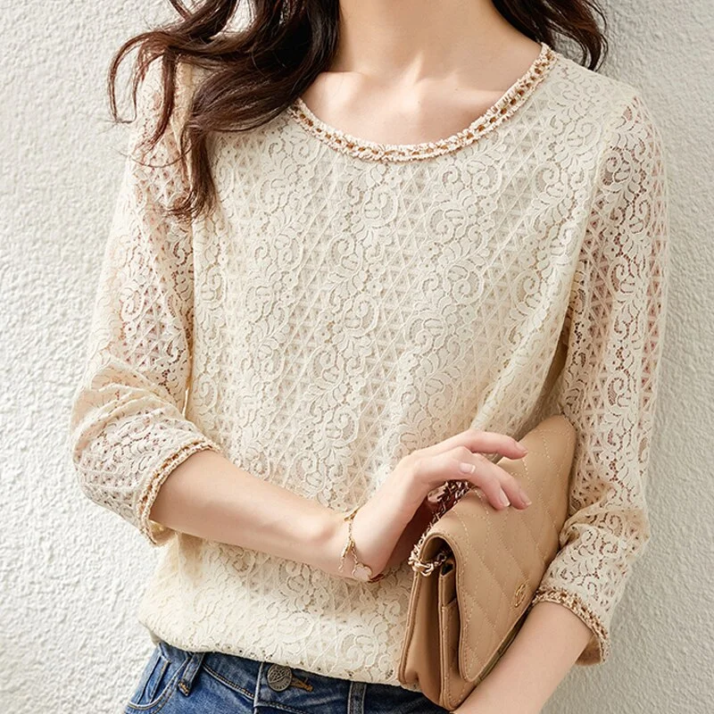 Autumn New High-end Crocheted Hollow Blouse Blue O-neck Three-quarter Sleeve Fairy Lace Blouse Elegant Apricot Print Shirt 16704