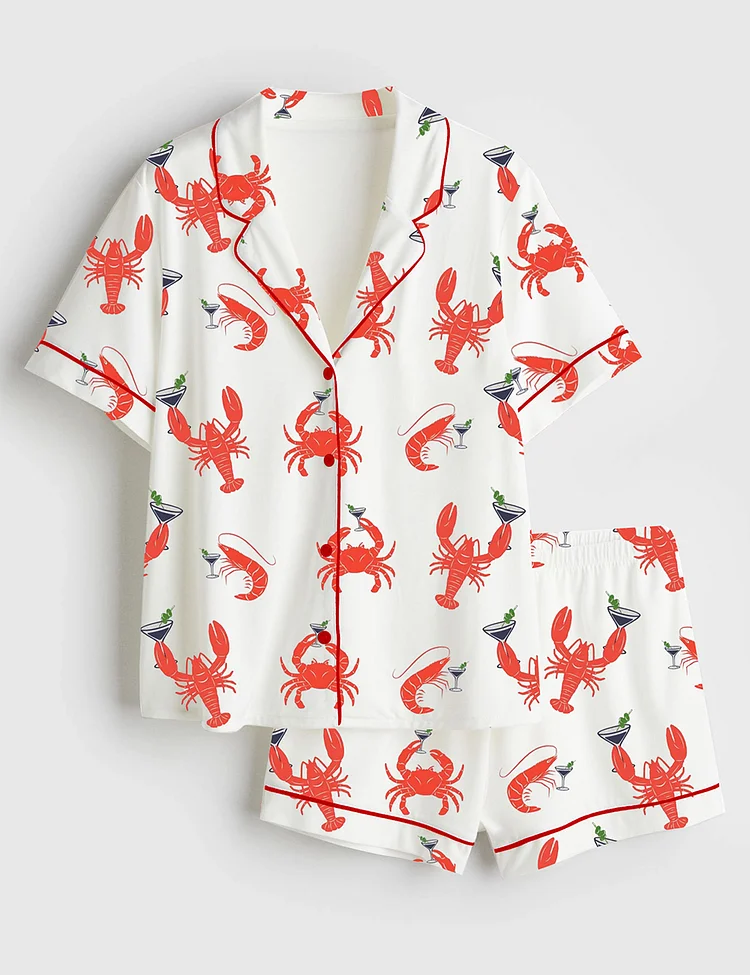 Women&rsquo;s Lobster Shrimp Crab Martini Fisherman Aesthetic Old Money Aesthetic Cape Cod Nantucket Boston Maine Ocean Inspired Short Sleeve Satin Pajama Set