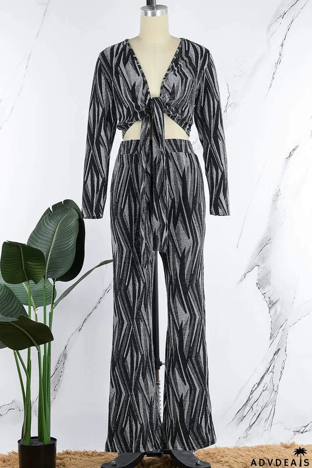 Black Sexy Print Bandage Patchwork V Neck Long Sleeve Two Pieces