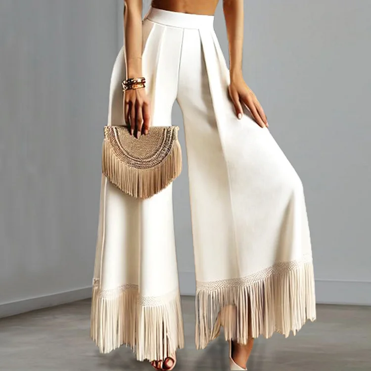 Solid High Rise Pleated Wide Leg Fringe Pants