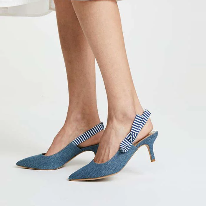 Blue Denim Slingback Pumps Pointy Toe Kitten Heels with Bow |FSJ Shoes