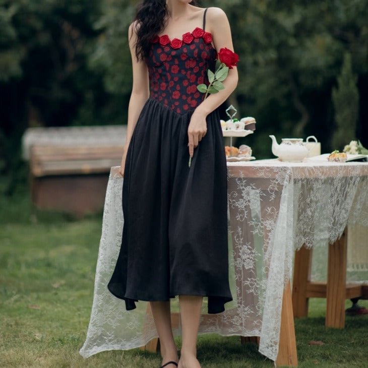 Fairy Tales Aesthetic Black Roses Slip Dress QueenFunky