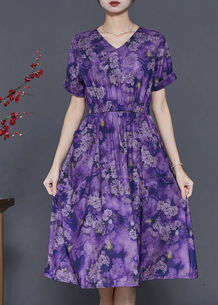 Purple Print Cotton Long Dresses Cinched Summer