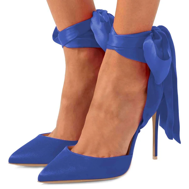 Blue Satin Ankle Strap Tie Stiletto Heels Pumps |FSJ Shoes