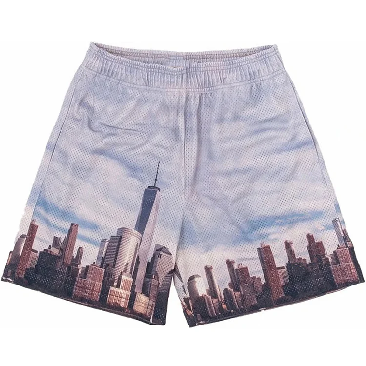 Unisex Mesh City Skyline Print Athletic Shorts