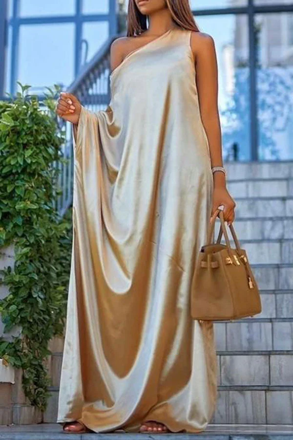 Solid Color Relaxed One Shoulder Maxi Dress