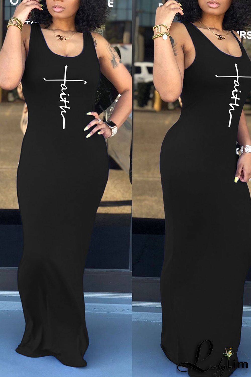 Fluorescent Yellow Casual Print Split Joint U Neck Straight Dresses