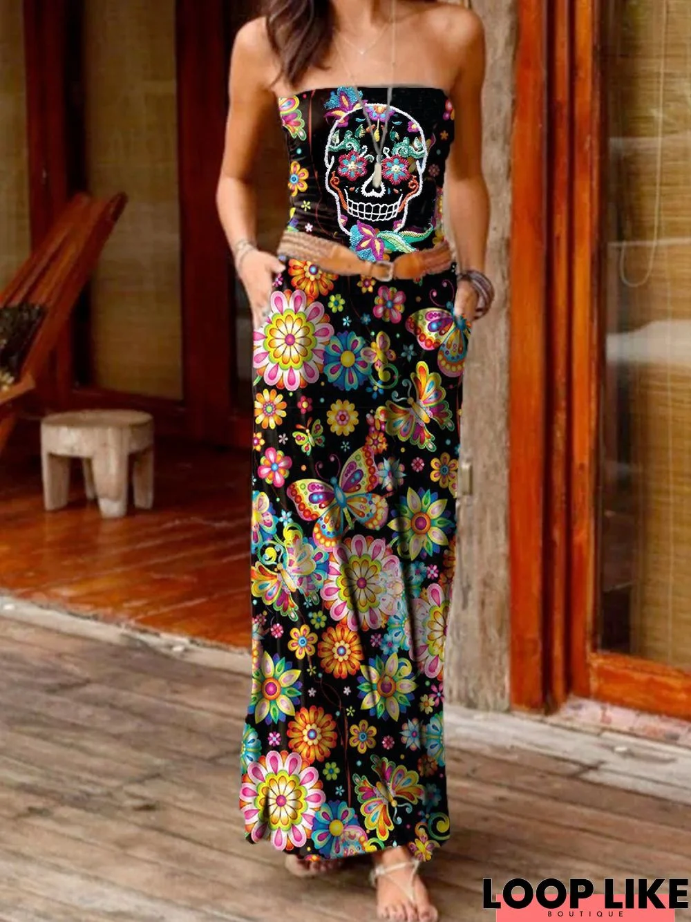 Mexican skull tube top long dress Floral Strapless Casual Knitting Dress