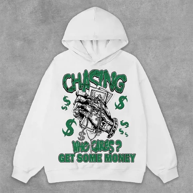 Vintage Chasing Money Graphic Print Side Pockets Hoodie SOPULA