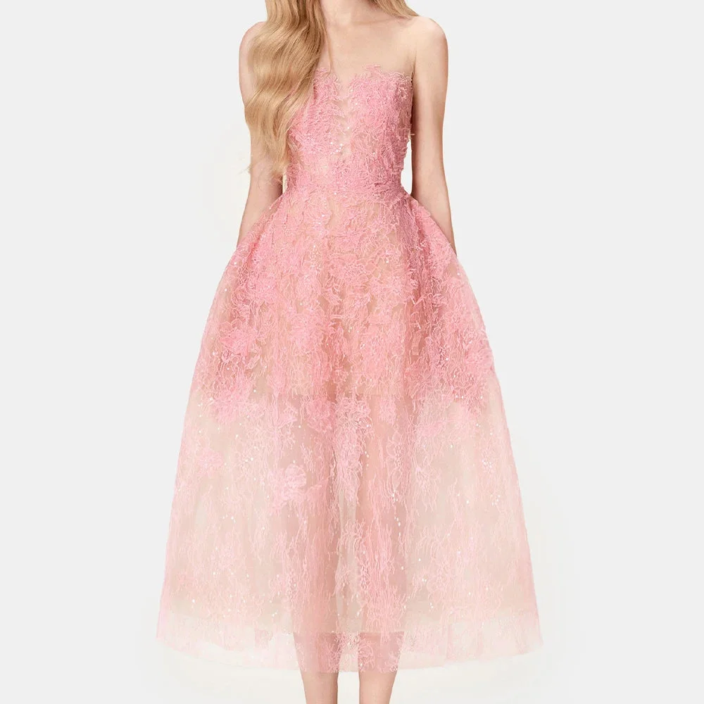 Toloer Sheer Lace Layered Strapless Midi Dress-Outfit Ideas