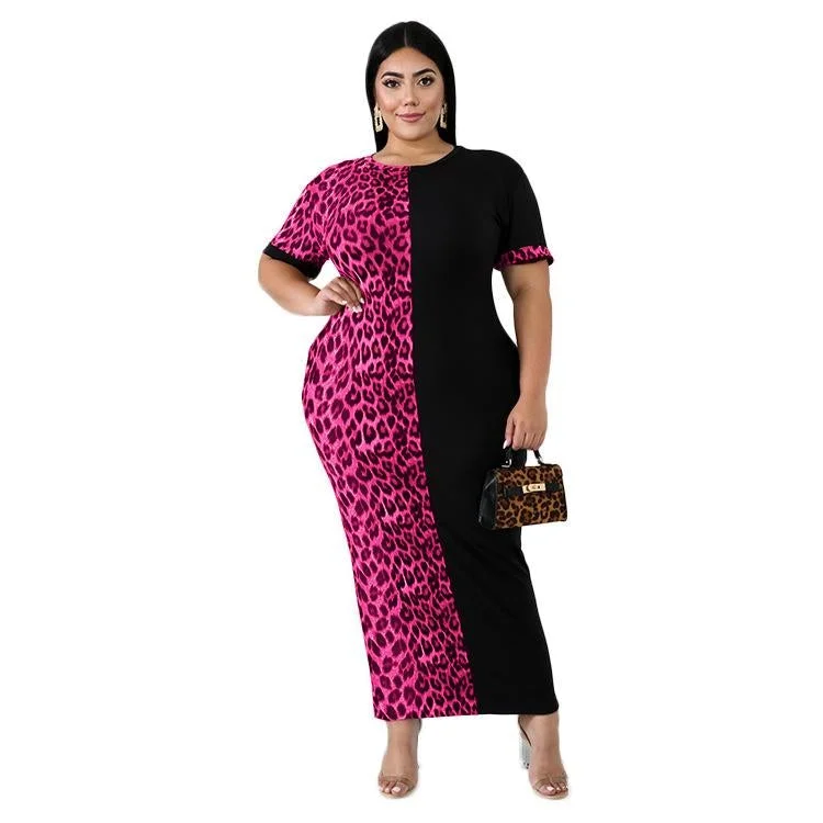 European and American Women's Fashion Casual Leopard Print Color Matching Dress Black Dresses | EGEMISS