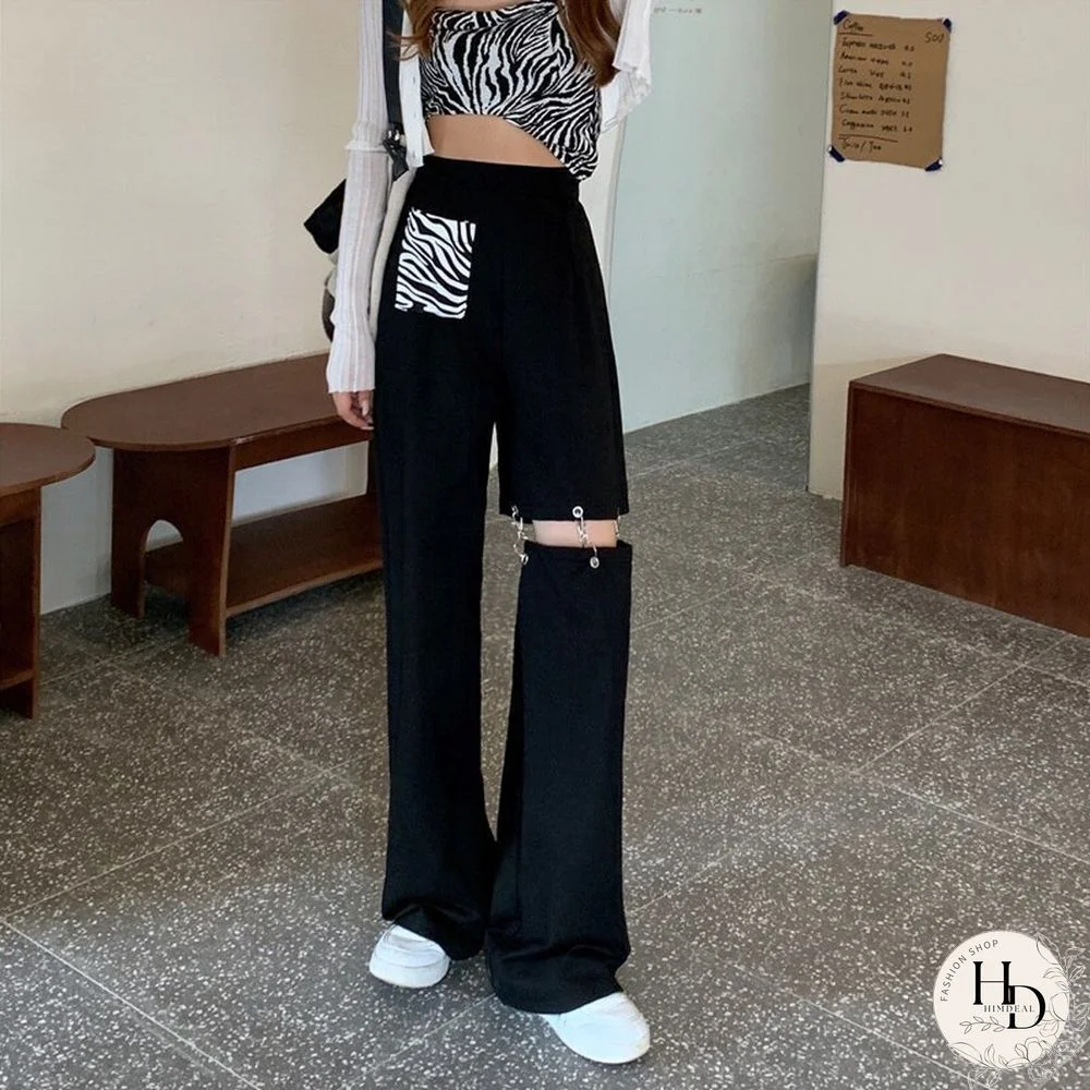 Fashion Harajuku Hollow Out Wide Leg Pants Women High Waist Elastic Streetwear Straight Trousers Summer Hip Hop BF Goth Pants