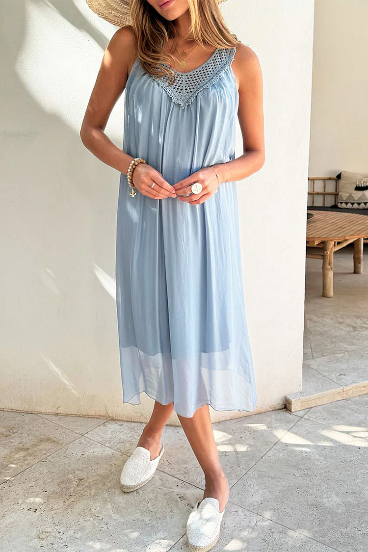 Lace Patchwork Round Neck Sleeveless Linen Midi Dresses [Pre Order]