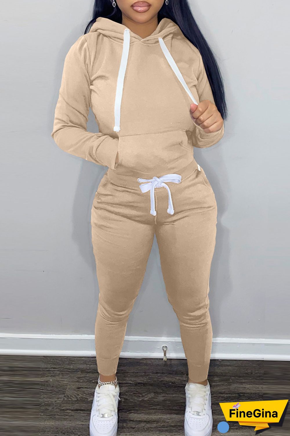 Khaki Casual Solid Patchwork Hooded Collar Long Sleeve Two Pieces