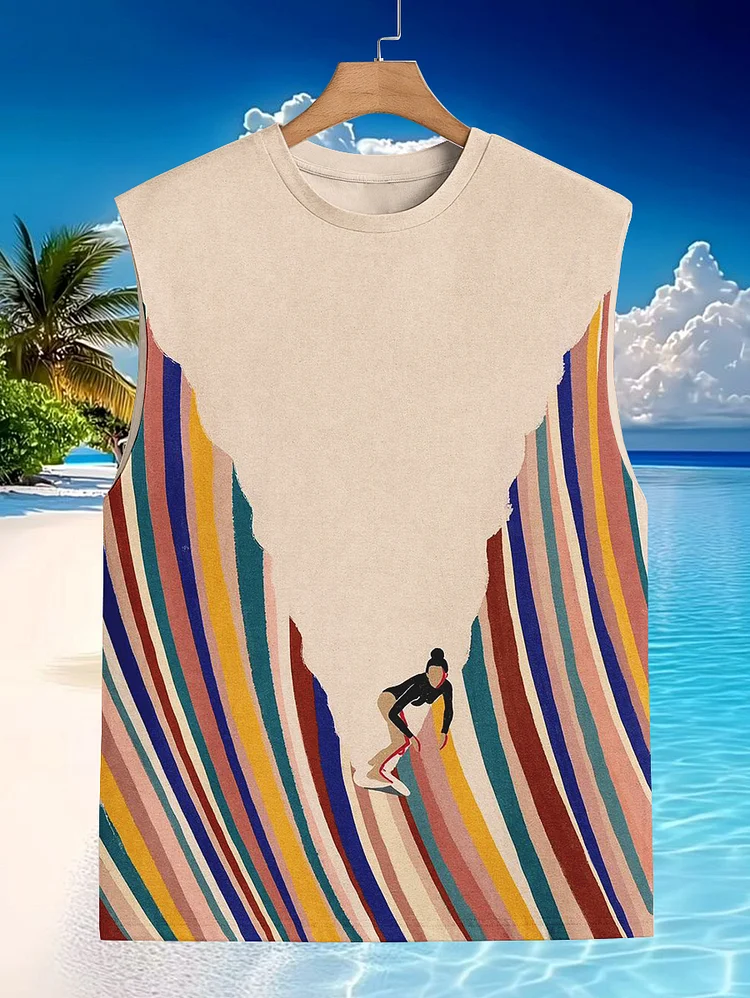 Men's Colorblock Surfing Art Print Vacation Tank Top