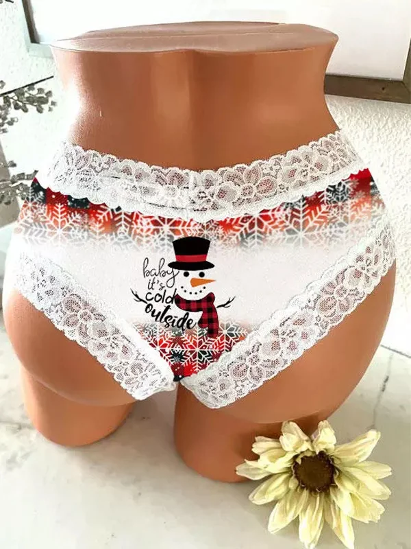 Christmas Snowman Lace Panel Plaid Panties