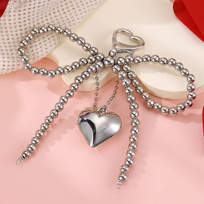 Sweet Cherry Heart Shape Bow Knot Artificial Pearl Alloy Polyester Bag Pendant Keychain