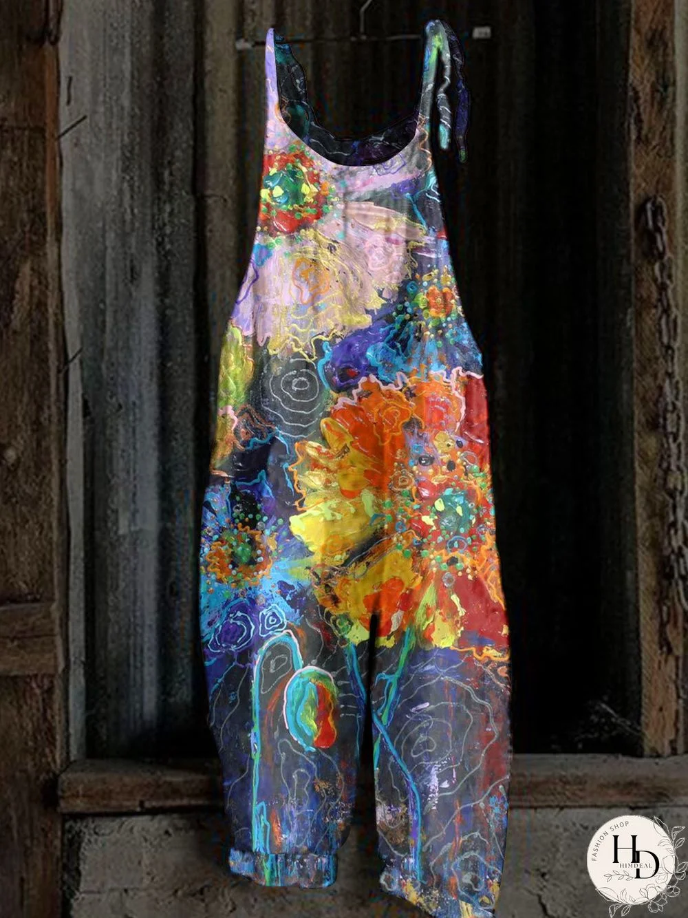 Women's Cotton Linen Sleeveless U-neck Colorful Floral Printed Overalls Jumpsuit