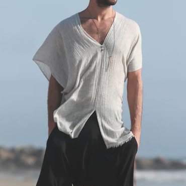 Men's Casual Loose Breathable V-neck Basic Shirt、、URBENIE