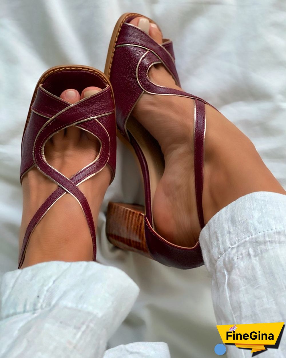 Square-toe Solid Color Hollow-out PU Leather Sandals
