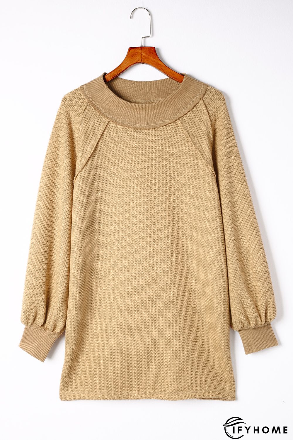 Khaki Waffle Knit Patchwork Oversized Pullover Sweatshirt | IFYHOME