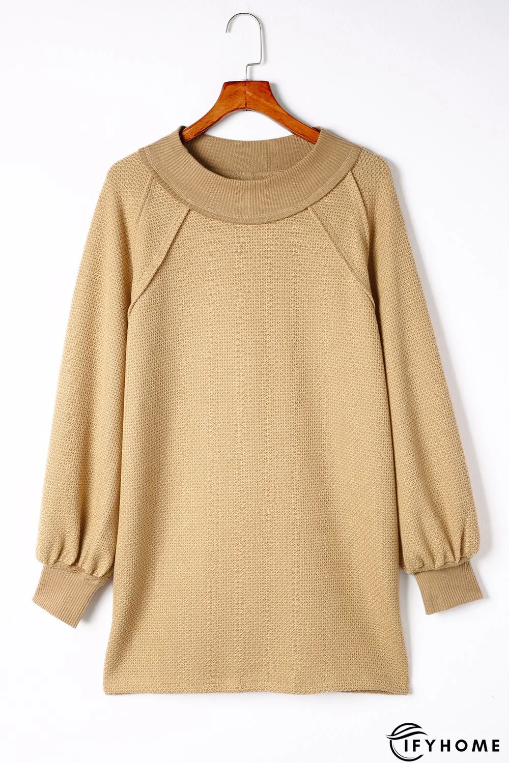 Khaki Waffle Knit Patchwork Oversized Pullover Sweatshirt | IFYHOME