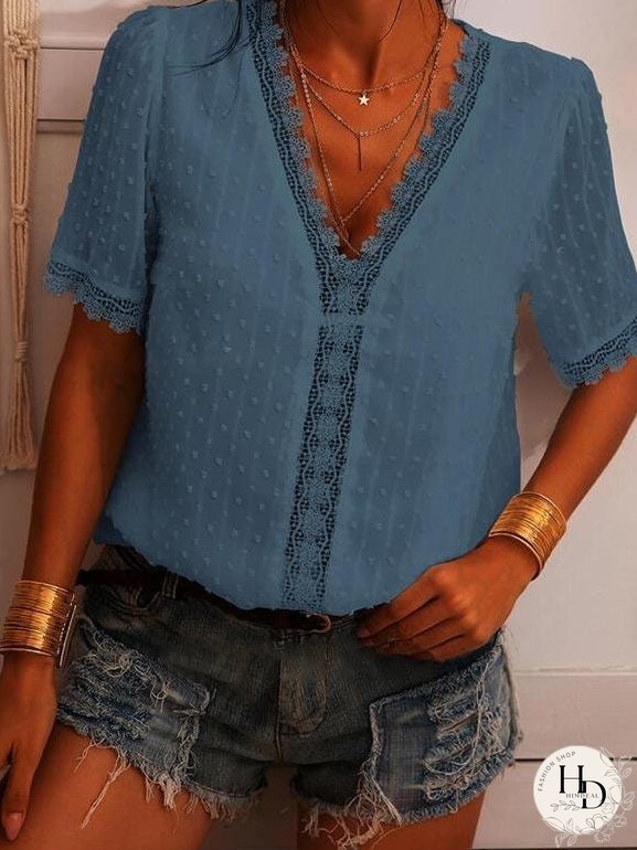 Deep V-neck Embroidered Lace Chiffon Blouse