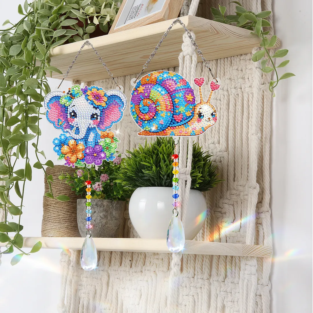 2Pcs Snails and Elephants DIY Double-Sided Diamond Painting Hanging Kits Diamond Painting Suncatcher Craft Kit for Home Garden Wall Decor Gift