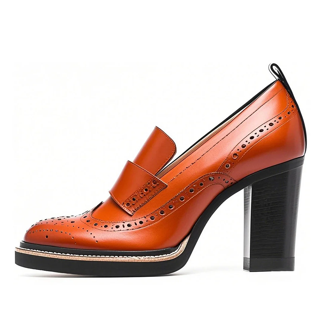 Classic Brogue Style Chunky Heel Loafer Shoes Women in Orange