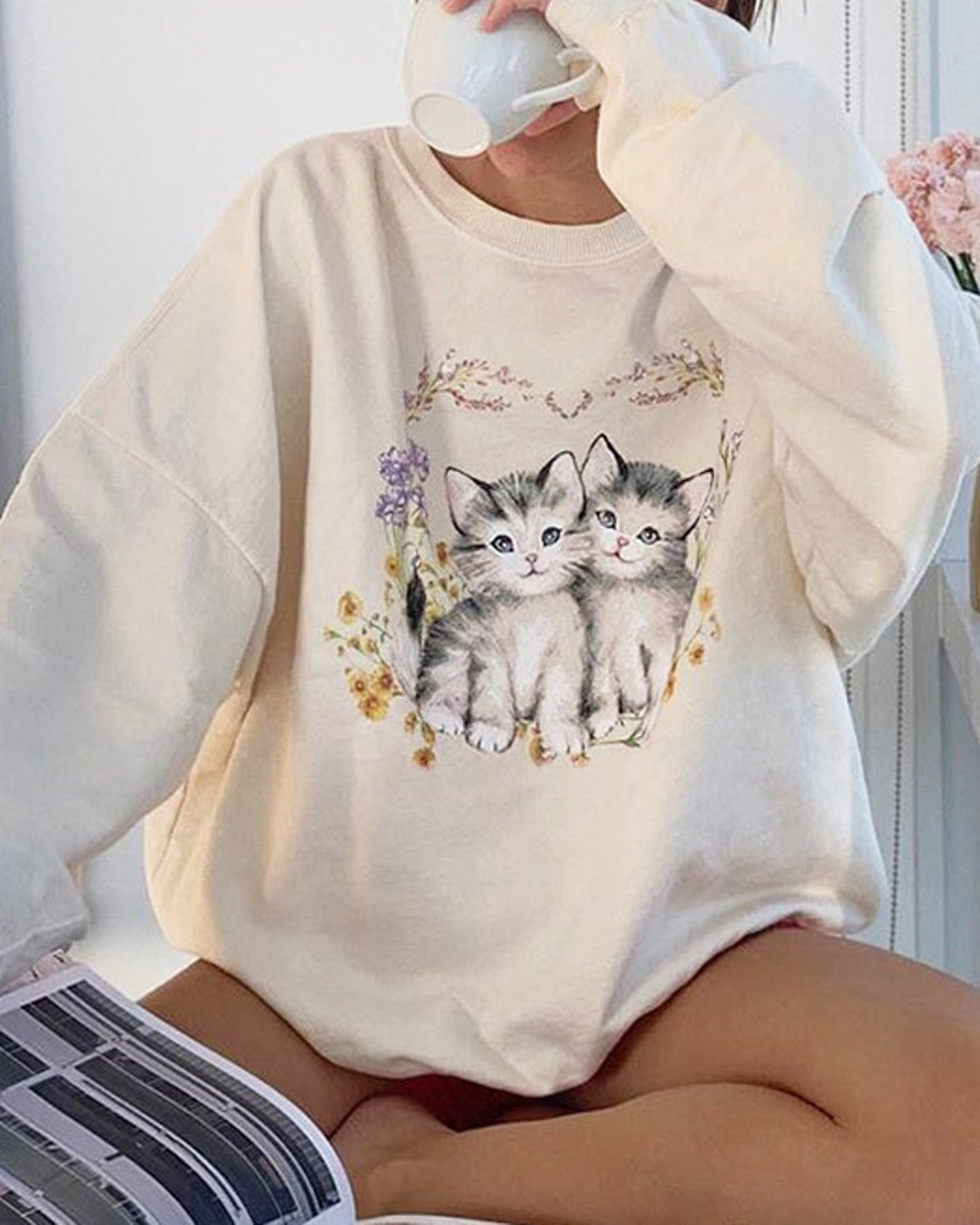 Fashionv-Cat Print Drop Shoulder Oversized Sweatshirt