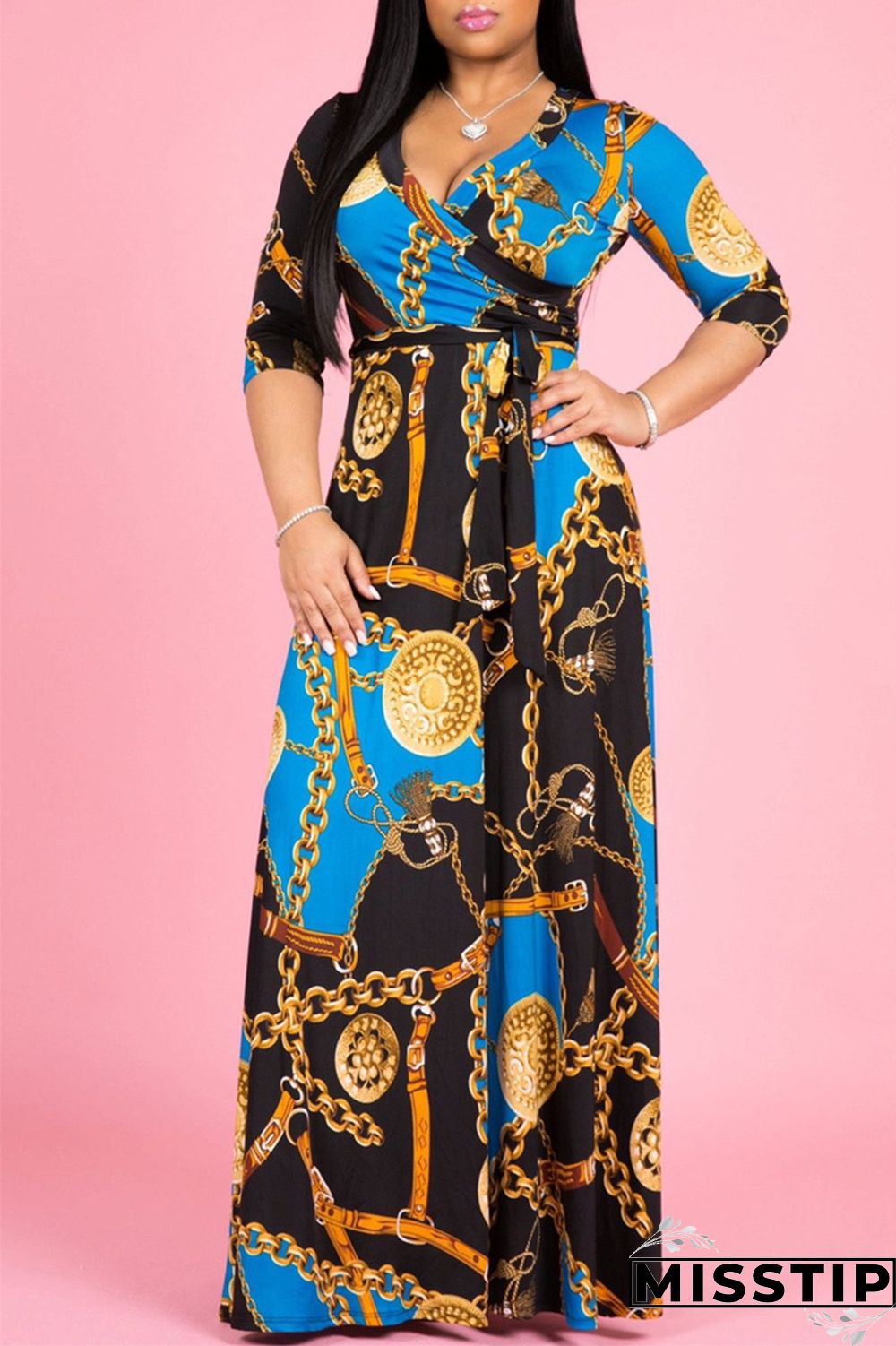 Blue Fashion Casual Print Bandage V Neck Long Sleeve Dresses