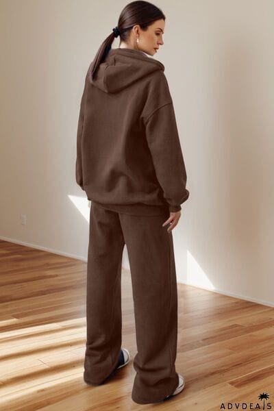 Zip Up Drawstring Hoodie and Pants Set