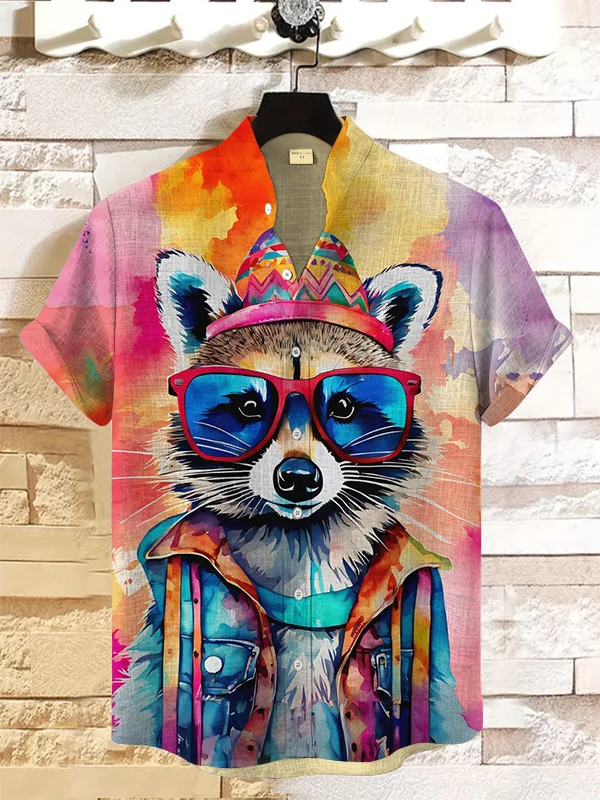 Men's Hippie Raccoon Watercolor Art Print Linen Blend Shirt