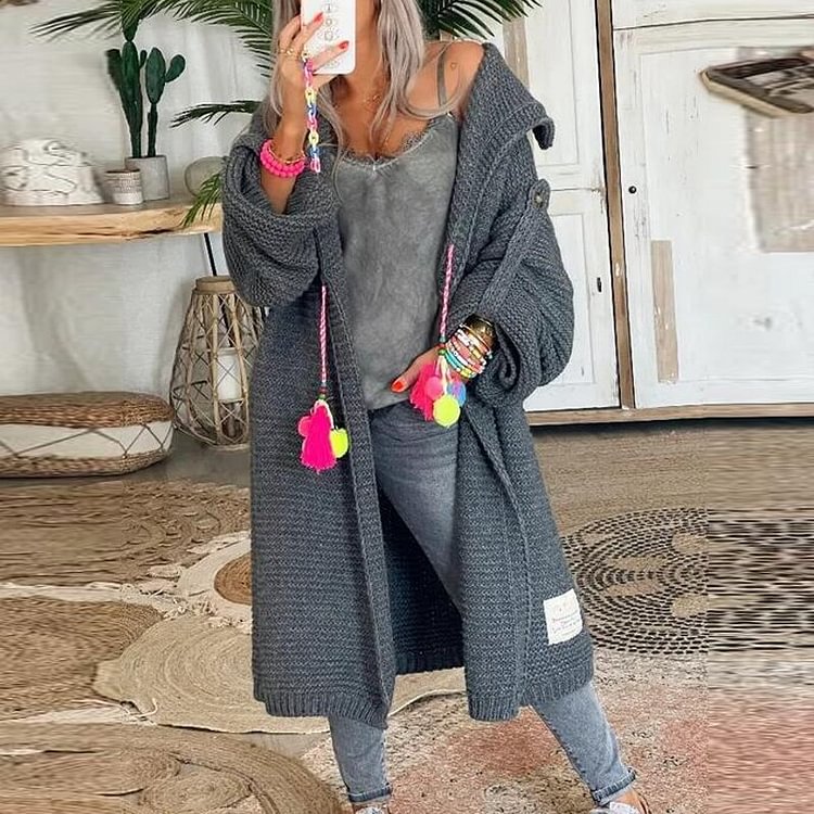 Women Retro Solid Color Knit Cardigan Autumn Casual Long Sleeve Hooded Mid Length Coat Ladies Fashion Loose Button Sweater Coats