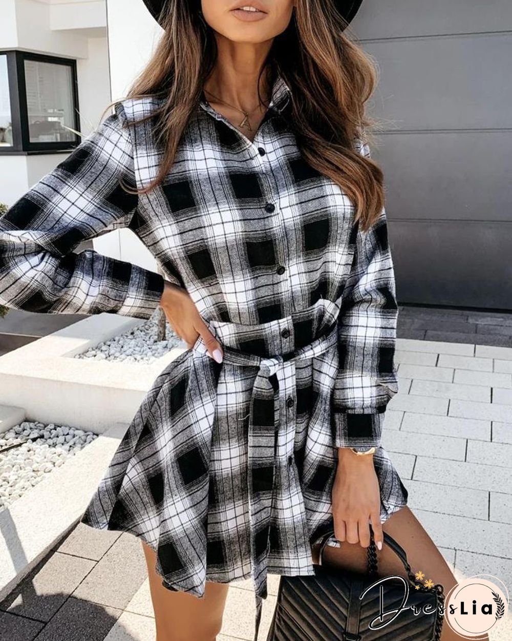 Plaid Colorblock Long Sleeve Shirt Dress P13915