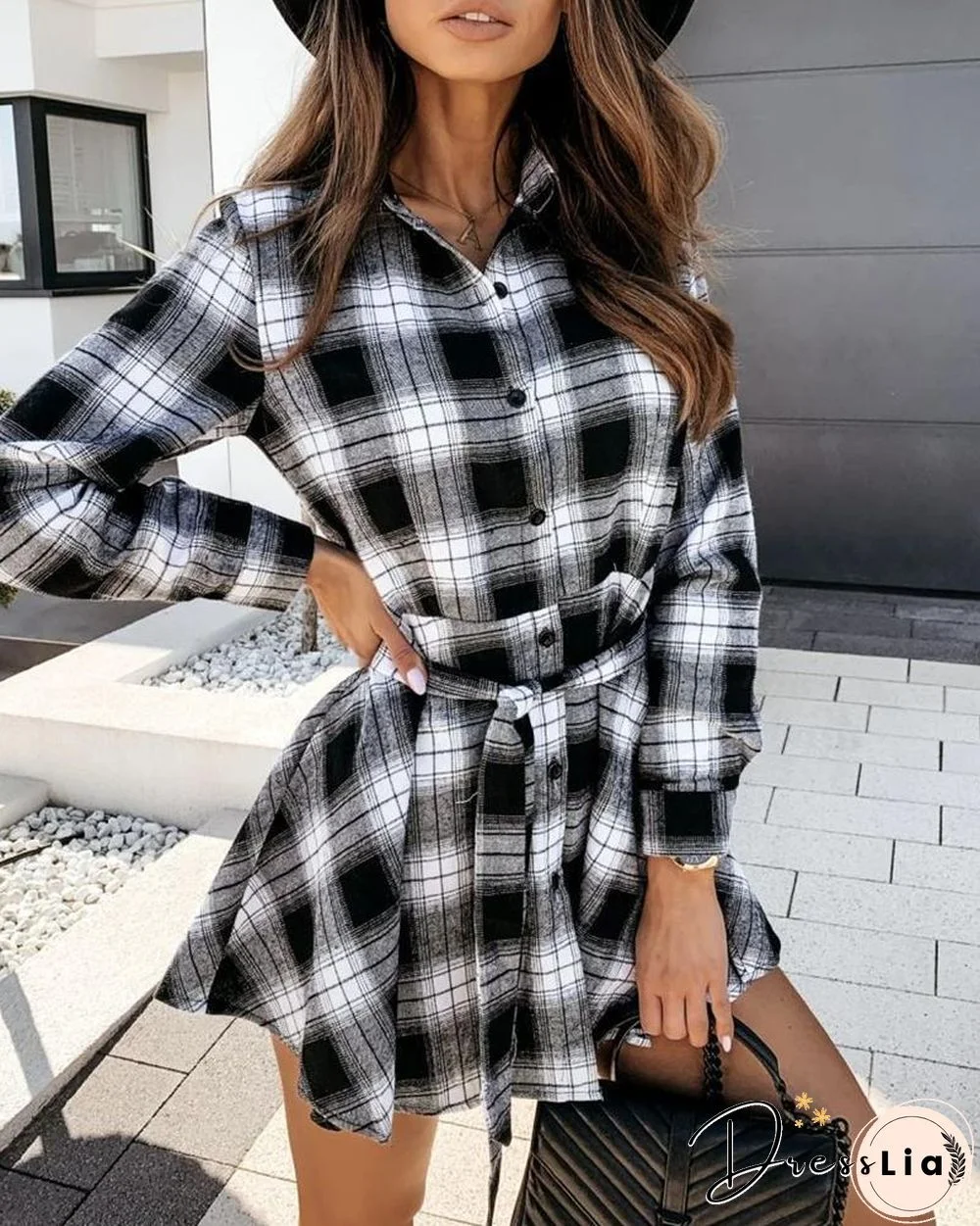 Plaid Colorblock Long Sleeve Shirt Dress P13915