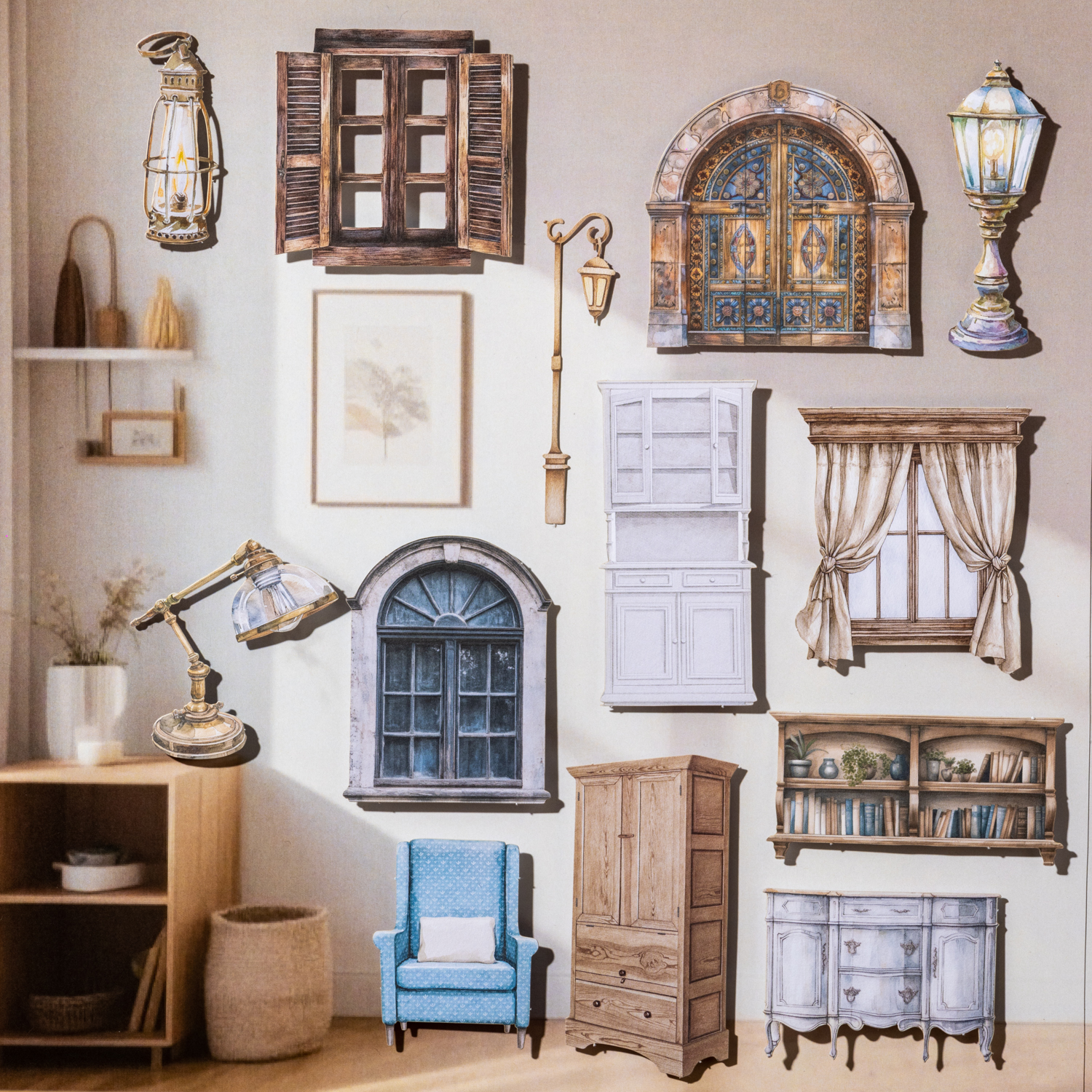 스티커 - 홈 코너 시리즈 빈티지 책 창