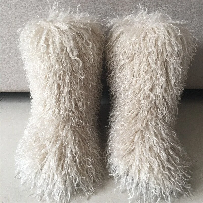Vstacam Fashion Mongolian Fur Boots  Women Warm Furry Snow Boots  Fluffy Faux Wool Boots Woman Plush Shoes Bottes Fashion Winter Shoes