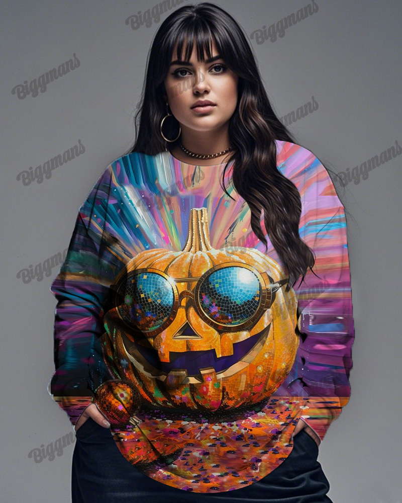 Pumpkin Sunglasses Printed Large Size Long-sleeved Top