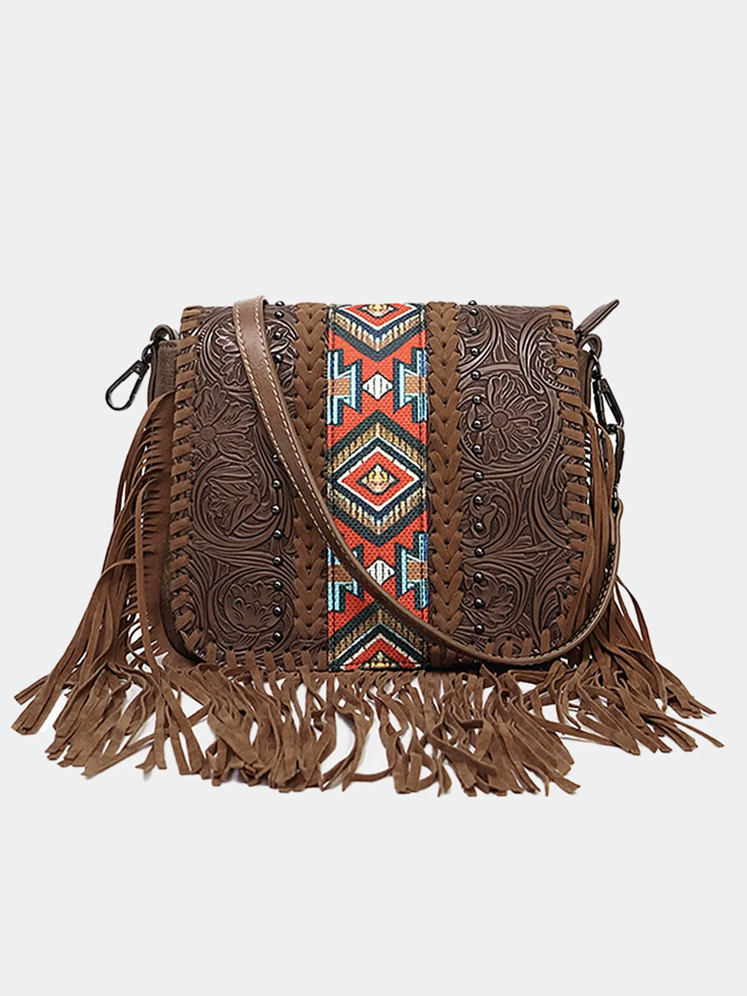 Western Outfits &mdash; Tooled Espresso Brown Tooling Embossed Tribal Ribbon Premium Suede Crossbody Bag