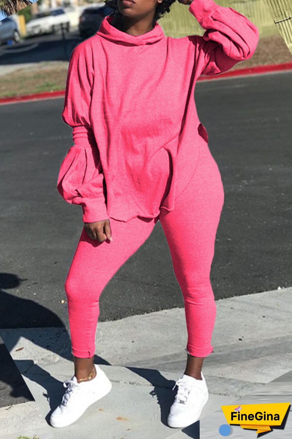 Pink Street Solid Patchwork Hooded Collar Long Sleeve Two Pieces