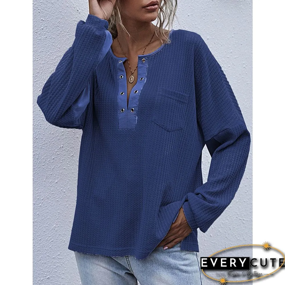 Navy Blue Waffle V Neckline Pocket Long Sleeve Tops