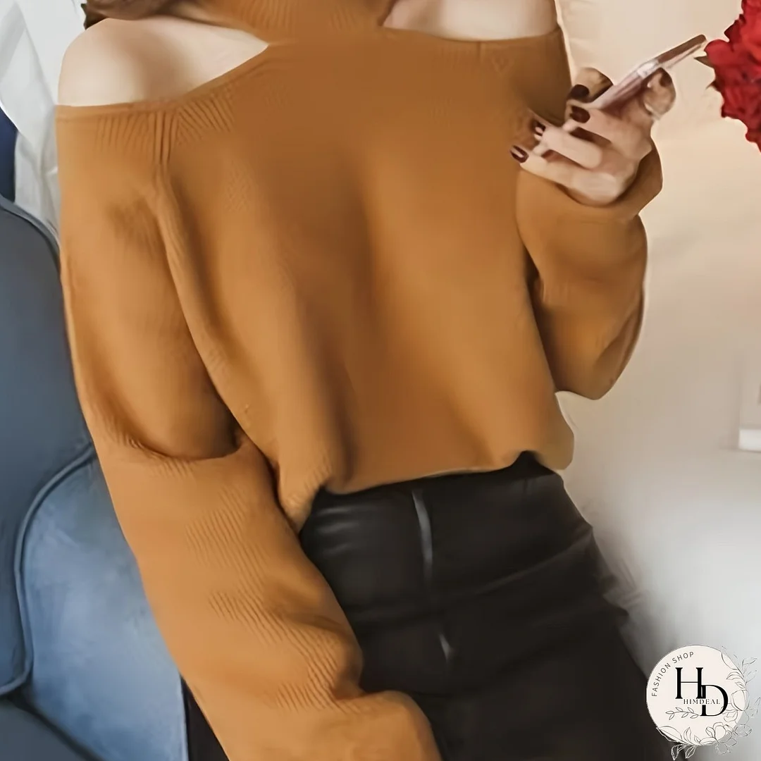 Solid Mock Neck Pullover Sweater, Casual Cold Shoulder Long Sleeve Loose Sweater, Women's Clothing