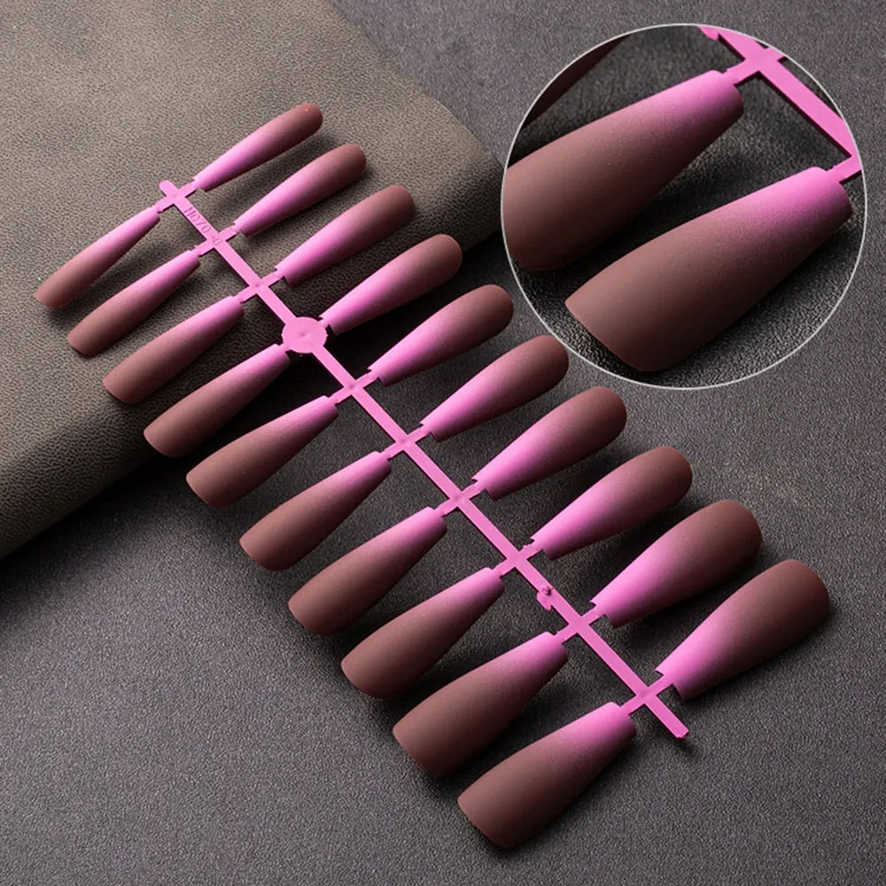 20 Pcs Matte Gradient Design False Nails Long Coffin Fake Nails Full Cover Nail Art Tips Nails Press On Nails With Jelly Glue-Nail Inspo