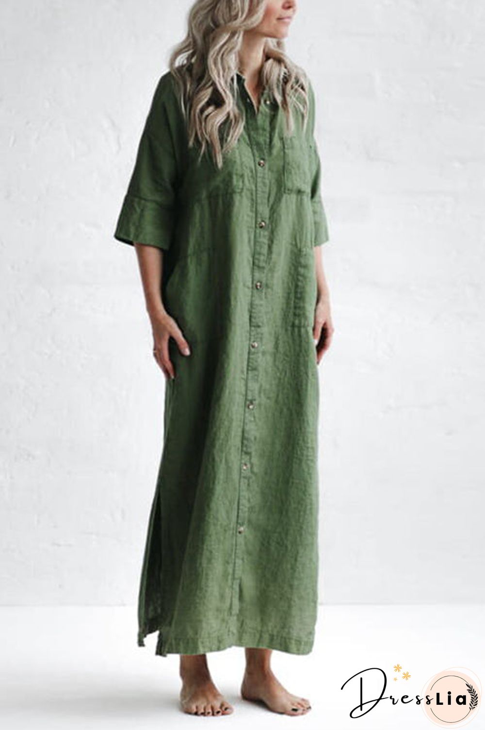Linen Button Pockets Shirt Maxi Dress