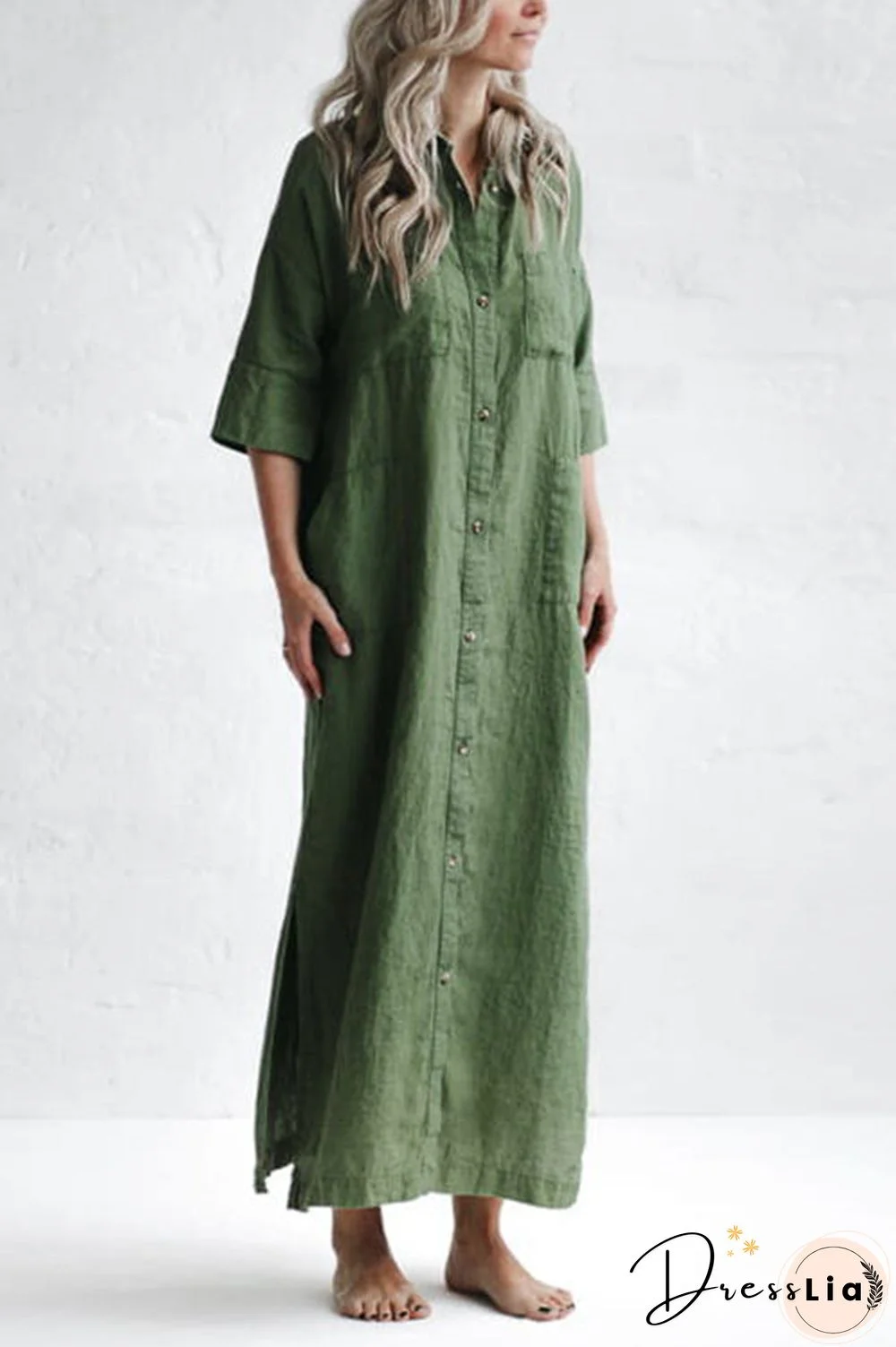 Linen Button Pockets Shirt Maxi Dress