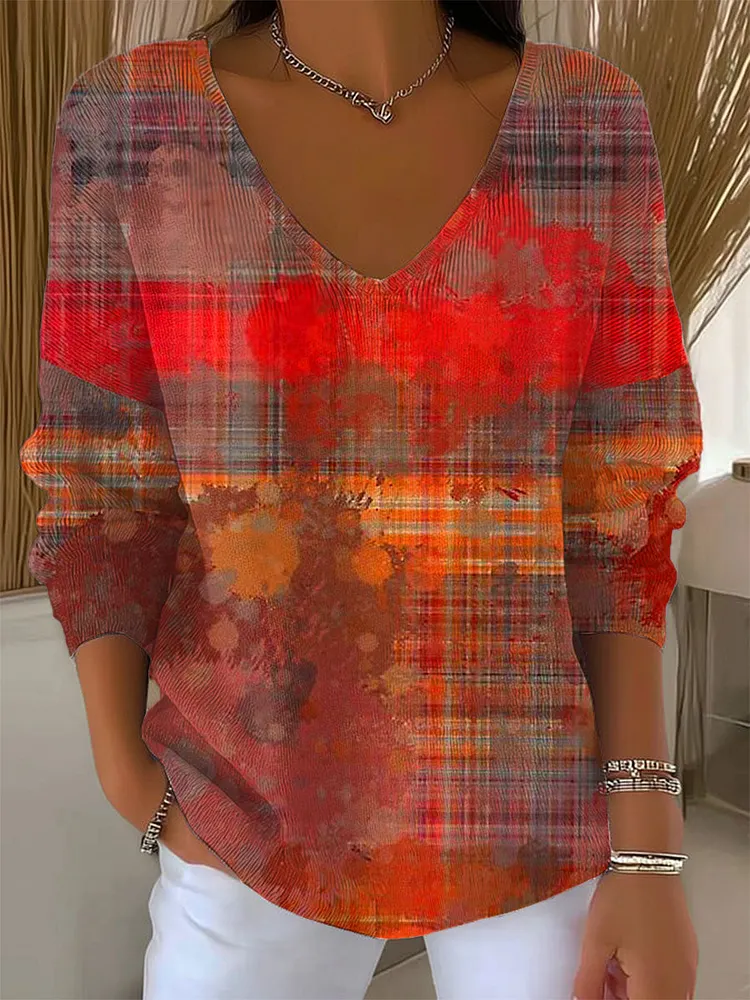 Women's Vintage Abstract Plaid Art Print Casual Pullover Sweater