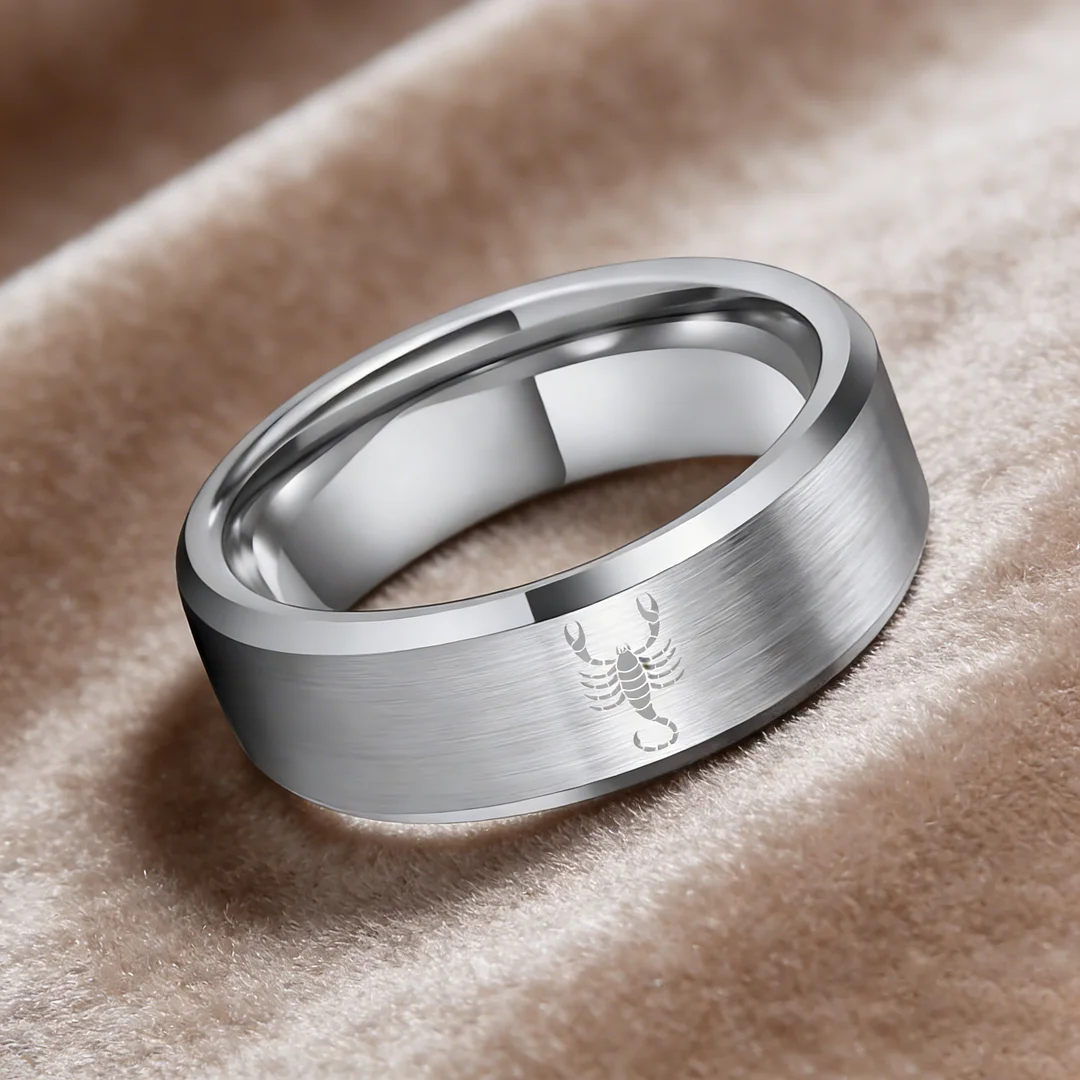Sliver Scorpio Tungsten Wedding Bands Beveled Edges Sliver Laser Etched Couple Tungsten Carbide Rings 4MM 6MM 8MM Width