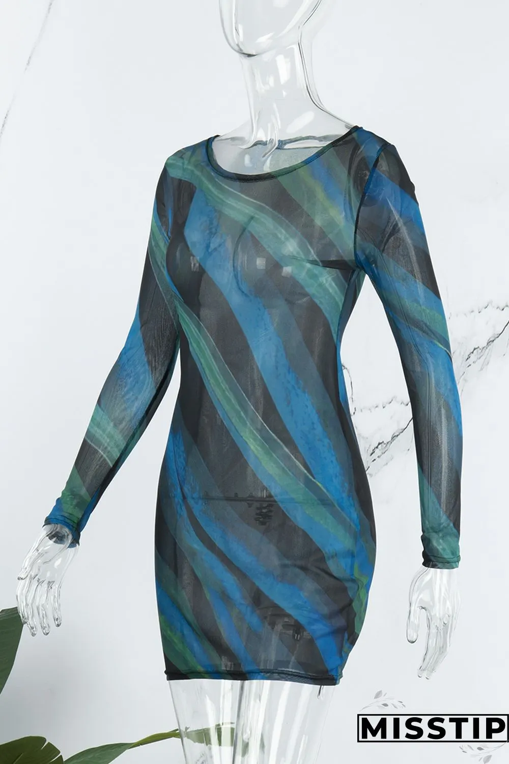Blue Black Sexy Print O Neck Long Sleeve Dresses