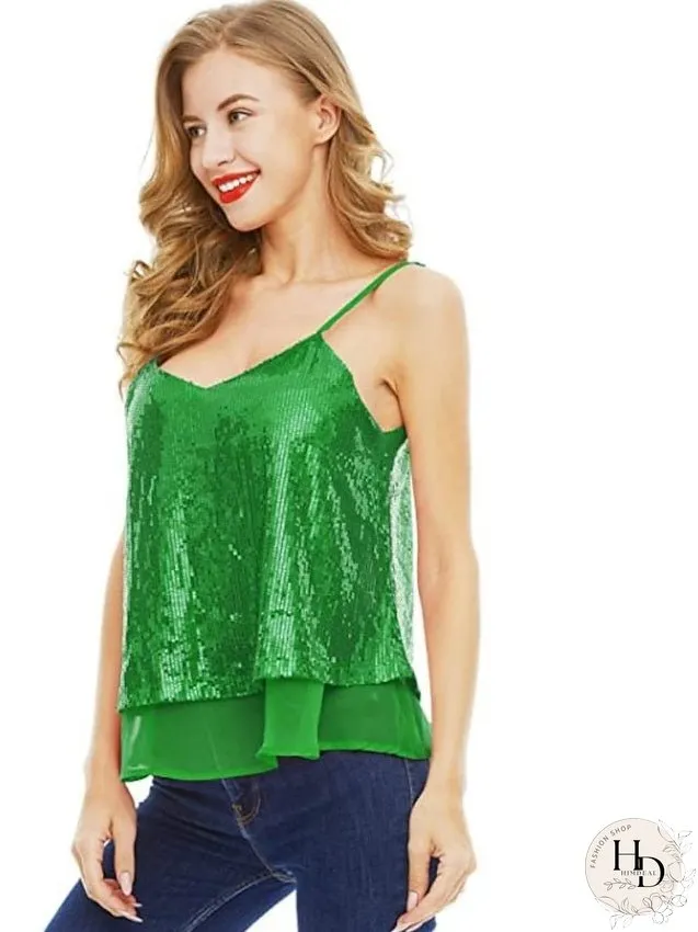 Camisole Tank Top Vest Black White Yellow Sparkly Sequins Layered Sleeveless Stage Streetwear Sexy V Neck Regular S for Women